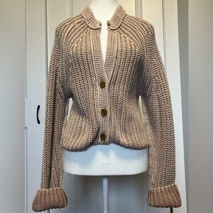 Free People Chunky Knit Crop Long Sleeve Sweater Med Cardigan Cotton ivory/brown